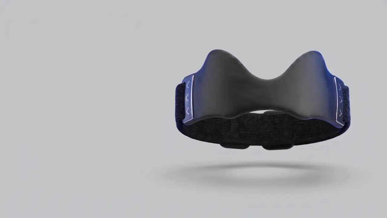 A black precision knee strap with a contoured silicone pad and woven band